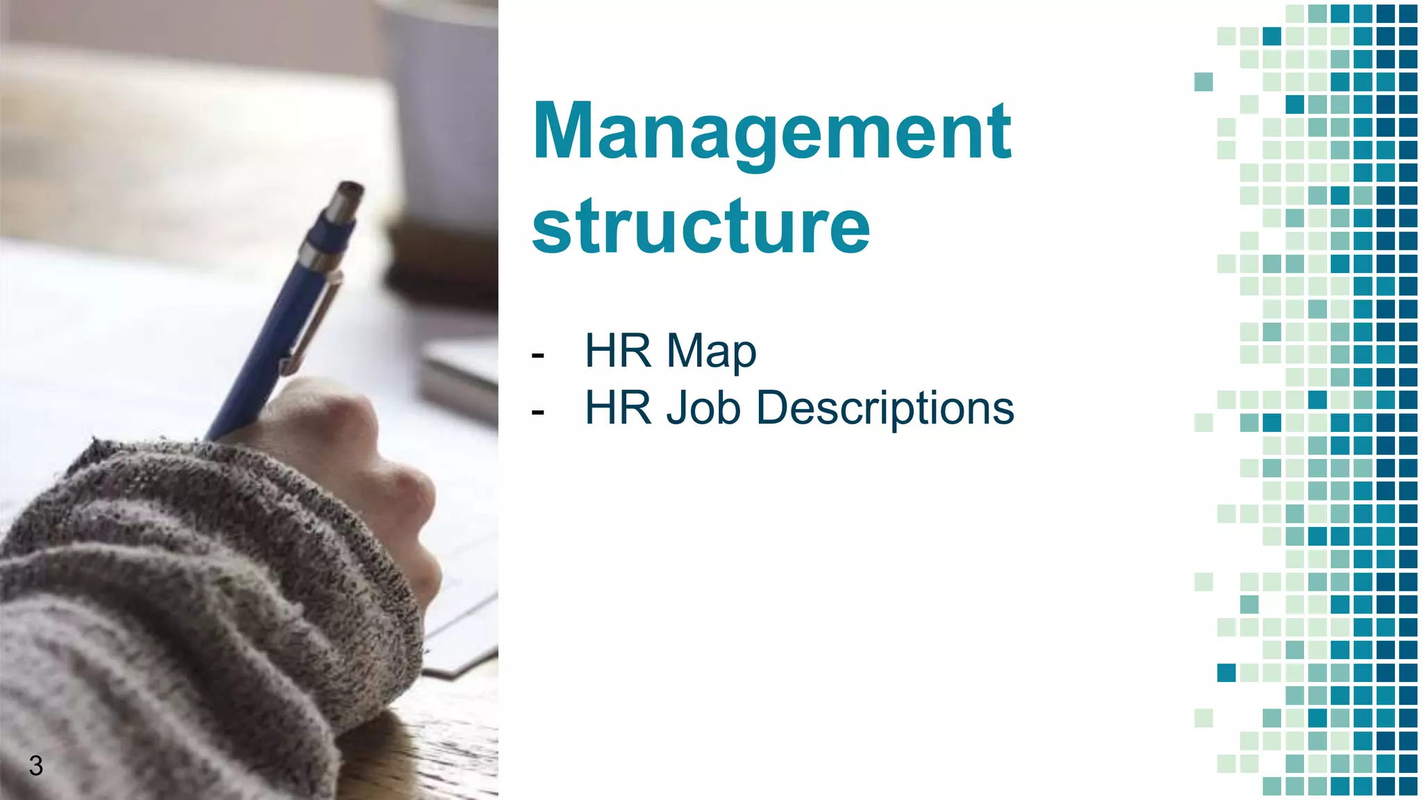 Management
structure
- HR Map
- HR Job Descriptions
3
 