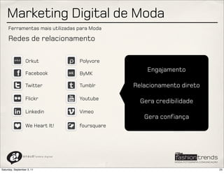 Marketing Digital de Moda
     Ferramentas mais utilizadas para Moda

     Redes de relacionamento

                  Orkut                        Polyvore
                                                                Engajamento
                  Facebook                     ByMK

                  Twitter                      Tumblr       Relacionamento direto
                  Flickr                       Youtube
                                                              Gera credibilidade
                  Linkedin                     Vimeo
                                                               Gera confiança
                  We Heart It!                 foursquare




                a n a u ê ! aldeia   digital




Saturday, September 3, 11                                                           25
 