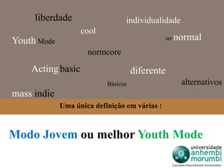 liberdade 
Youth Mode 
cool 
diferente 
normcore 
ser normal 
Acting basic 
alternativos 
individualidade 
mass indie 
Básicos 
Uma única definição em várias : 
Modo Jovem ou melhor Youth Mode 
 