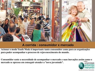 A corrida : consumidor x mercado 
Acionar o modo Youth Mode é importante tanto consumidor como para as organizações 
para poder acompanhar o processo de rejuvenescimento do mundo. 
Consumidor sente a necessidade de acompanhar o mercado e suas inovações assim como o 
mercado se apressa em conseguir atender a “nova juventude”. 
 