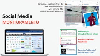 Social Media
MONITORAMENTO
Candidatos publicam fotos do
Enem em redes sociais
MEC elimina 236
por uso indevido de celular
Masculino/fã
clube/brandlover - elogio
Feminino/detratora -
reclamação
Feminino/indiferente/
influenciadora - buzz
 