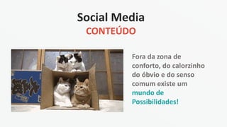 Social Media
CONTEÚDO
Fora da zona de
conforto, do calorzinho
do óbvio e do senso
comum existe um
mundo de
Possibilidades!
 