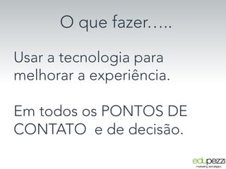O que fazer…..
Usar a tecnologia para
melhorar a experiência.

Em todos os PONTOS DE
CONTATO e de decisão.
 