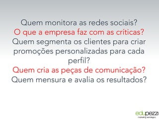 Quem monitora as redes sociais?
O que a empresa faz com as críticas?
Quem segmenta os clientes para criar
promoções personalizadas para cada
perfil?
Quem cria as peças de comunicação?
Quem mensura e avalia os resultados?


 