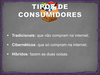  Tradicionais: que não compram na internet;
 Cibernéticos: que só compram na internet;
 Híbridos: fazem as duas coisas.
 