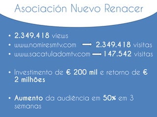 • 2.349.418 views
• www.nomiresmtv.com 2.349.418 visitas
• www.sacatuladomtv.com 147.542 visitas
• Investimento de € 200 mil e retorno de €
2 milhões
• Aumento da audiência em 50% em 3
semanas
Asociación Nuevo Renacer
 