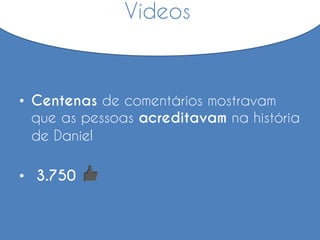 • Centenas de comentários mostravam
que as pessoas acreditavam na história
de Daniel
• 3.750
Vídeos
 