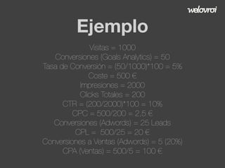 Ejemplo
Visitas = 1000
Conversiones (Goals Analytics) = 50
Tasa de Conversión = (50/1000)*100 = 5%
Coste = 500 €
Impresiones = 2000
Clicks Totales = 200
CTR = (200/2000)*100 = 10%
CPC = 500/200 = 2,5 €
Conversiones (Adwords) = 25 Leads
CPL = 500/25 = 20 €
Conversiones a Ventas (Adwords) = 5 (20%)
CPA (Ventas) = 500/5 = 100 €

 