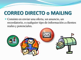 CORREO DIRECTO o MAILINGConsiste en enviar una oferta, un anuncio, un recordatorio, o cualquier tipo de información a clientes reales y potenciales.