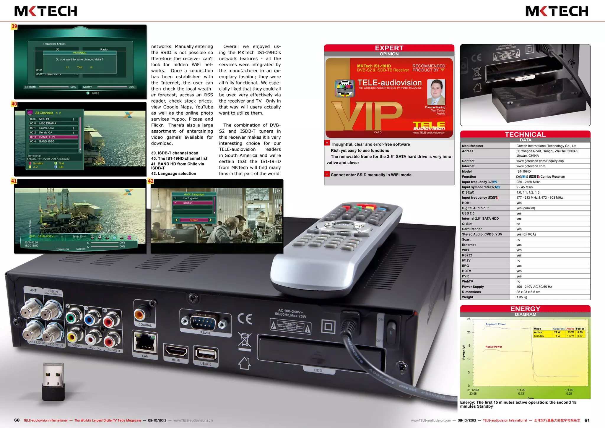 DATA
TECHNICAL
Manufacturer	 Gotech International Technology Co., Ltd.
Adress	 66 Yongda Road, Hongqi, ZhuHai 519045,
	 Jinwan, CHINA
Contact	www.gotechcn.com/Enquiry.asp
Internet	www.gotechcn.com
Model	IS1-19HD
Function	 & Combo Receiver
Input frequency 	 950 - 2150 MHz
Input symbol rate 	 2 - 45 Ms/s
DiSEqC	 1.0, 1.1, 1.2, 1.3
Input frequency 	 177 - 213 MHz & 473 - 803 MHz
HDMI	yes
Digital Audio out	 yes (coaxial)
USB 2.0	yes
Internal 2.5“ SATA HDD	yes
CI Slot	no
Card Reader	yes
Stereo Audio, CVBS, YUV	 yes (6x RCA)
Scart	no
Ethernet	yes
WiFi	yes
RS232	yes
0/12V	no
EPG	yes
HDTV	yes
PVR	yes
WebTV	no
Power Supply	 100 - 240V AC 50/60 Hz
Dimensions	 28 x 23 x 5.5 cm
Weight	 1.35 kg
DIAGRAM
ENERGY
Active Power
Apparent Power
Mode Apparent Active Factor
Active 22 W 13 W 0.59
StandBy 4 W 1.5 W 0.37
OPINION
expert
+
–
RECOMMENDED
PRODUCT BY
Thomas Haring
Test Center
Austria
MKTech IS1-19HD
DVB-S2 & ISDB-TB Receiver
6
40
41
39
42
60 61TELE-audiovision International — The World‘s Largest Digital TV Trade Magazine — 09-10/2013 — www.TELE-audiovision.com www.TELE-audiovision.com — 09-10/2013 — TELE-audiovision International — 全球发行量最大的数字电视杂志
Energy: The first 15 minutes active operation; the second 15
minutes Standby
networks. Manually entering
the SSID is not possible so
therefore the receiver can‘t
look for hidden WiFi net-
works. Once a connection
has been established with
the Internet, the user can
then check the local weath-
er forecast, access an RSS
reader, check stock prices,
view Google Maps, YouTube
as well as the online photo
services Yupoo, Picasa and
Flickr. There‘s also a large
assortment of entertaining
video games available for
download. Thoughtful, clear and error-free software
Rich yet easy to use functions
The removable frame for the 2.5“ SATA hard drive is very inno-
vative and clever
Cannot enter SSID manually in WiFi mode
39. ISDB-T channel scan
40. The IS1-19HD channel list
41. BAND HD from Chile via
ISDB-T
42. Language selection
Overall we enjoyed us-
ing the MKTech IS1-19HD‘s
network features - all the
services were integrated by
the manufacturer in an ex-
emplary fashion; they were
all fully functional. We espe-
cially liked that they could all
be used very effectively via
the receiver and TV. Only in
that way will users actually
want to utilize them.
The combination of DVB-
S2 and ISDB-T tuners in
this receiver makes it a very
interesting choice for our
TELE-audiovision readers
in South America and we‘re
certain that the IS1-19HD
from MKTech will find many
fans in that part of the world.
 