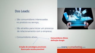 Dos Leads:
:: São consumidores interessados
no produto ou serviço;
:: São atraídos para iniciar um processo
de relacionamento com a empresa;
:: Consumidores ativos. Consumidores Ativos
definição Google
Criação de estratégias previsíveis
Busca pela receita previsível
 