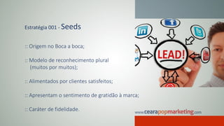 Estratégia 001 - Seeds
:: Origem no Boca a boca;
:: Modelo de reconhecimento plural
(muitos por muitos);
:: Alimentados por clientes satisfeitos;
:: Apresentam o sentimento de gratidão à marca;
:: Caráter de fidelidade.
 