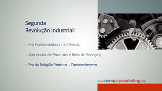 Segunda
Revolução Industrial:
:: Era Fundamentada na Ciência;
:: Alta escala de Produtos e Bens de Serviços;
:: Era da Relação Produto – Convencimento.
 