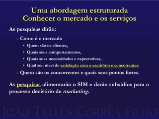 Uma abordagem estruturadaConhecer o mercado e os serviçosAs pesquisas dirão:Como é o mercadoQuem são os clientes,Quais seus comportamentos,Quais suas necessidades e expectativas,Qual seu nível de satisfação com o escritório e concorrentes;Quem são os concorrentes e quais seus pontos fortes.As pesquisas alimentarão o SIM e darão subsídios para o processo decisório de marketing.