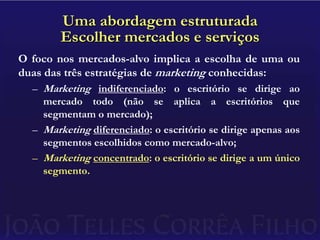Uma abordagem estruturadaEscolher mercados e serviçosO foco nos mercados-alvo implica a escolha de uma ou duas das três estratégias de marketing conhecidas:Marketing indiferenciado: o escritório se dirige ao mercado todo (não se aplica a escritórios que segmentam o mercado);Marketing diferenciado: o escritório se dirige apenas aos segmentos escolhidos como mercado-alvo;Marketing concentrado: o escritório se dirige a um único segmento.