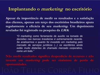 Implantando o marketing  no escritórioApesar da importância de medir os resultados e a satisfação dos clientes, apenas um terço dos escritórios brasileiros apura regularmente a eficácia de seu marketing. Um depoimento revelador foi registrado na pesquisa da LMA:Não medir resultados significa desperdício de recursos e não investir em marketing pode ser sinônimo de perda de oportunidades.“O marketing como ferramenta de auxílio na tomada de decisões nas bancas brasileiras é extremamente recente. Se analisarmos o quanto foi investido em marketing pelo mercado de serviços jurídicos (...) os escritórios ainda estão muito distantes do chamado mercado corporativo, como um todo.”