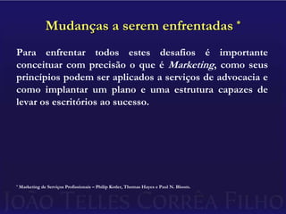Mudanças a serem enfrentadas *Para enfrentar todos estes desafios é importante conceituar com precisão o que é Marketing, como seus princípios podem ser aplicados a serviços de advocacia e como implantar um plano e uma estrutura capazes de levar os escritórios ao sucesso.* Marketing de Serviços Profissionais – Philip Kotler, Thomas Hayes e Paul N. Bloom.