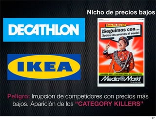 Nicho de precios bajos




Peligro: Irrupción de competidores con precios más
 bajos. Aparición de los “CATEGORY KILLERS”

                                                     27
 