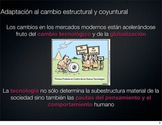 Adaptación al cambio estructural y coyuntural

  Los cambios en los mercados modernos están acelerándose
     fruto del cambio tecnológico y de la globalización




La tecnología no sólo determina la subestructura material de la
   sociedad sino también las pautas del pensamiento y el
                  comportamiento humano


                                                                  6
 