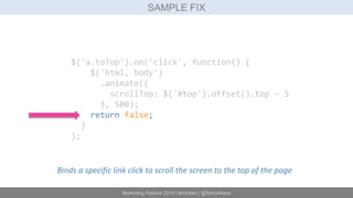 SAMPLE FIX 
$('a.toTop').on('click', function() { 
$('html, body') 
.animate({ 
scrollTop: $('#top').offset().top – 5 
}, ...