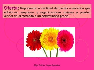 Oferta: Representa la cantidad de bienes o servicios que
individuos, empresas y organizaciones quieren y pueden
vender en el mercado a un determinado precio.




                   Mgtr. Ruth A. Vargas Gonzales
 