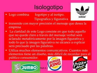 Isologotipo
• Logo combina      logotipo y al isotipo.
                    Tipografica y figurativa
• transmite con mayor precisión el mensaje que desea la
  empresa
• La claridad de este Logo consiste en que todo aquello
  que no quede claro a través del mensaje verbal será
  aclarado metafóricamente por la imagen figurativa y
  todo lo que la imagen figurativa no alcance a explicar
  será precisado por las palabras.
• Utiliza muchos elementos comunicativos. Cuantos más
  elementos tiene un diseño, más difícil de recordar para el
  público consumidor.


                     Mgtr. Ruth A. Vargas Gonzales
 