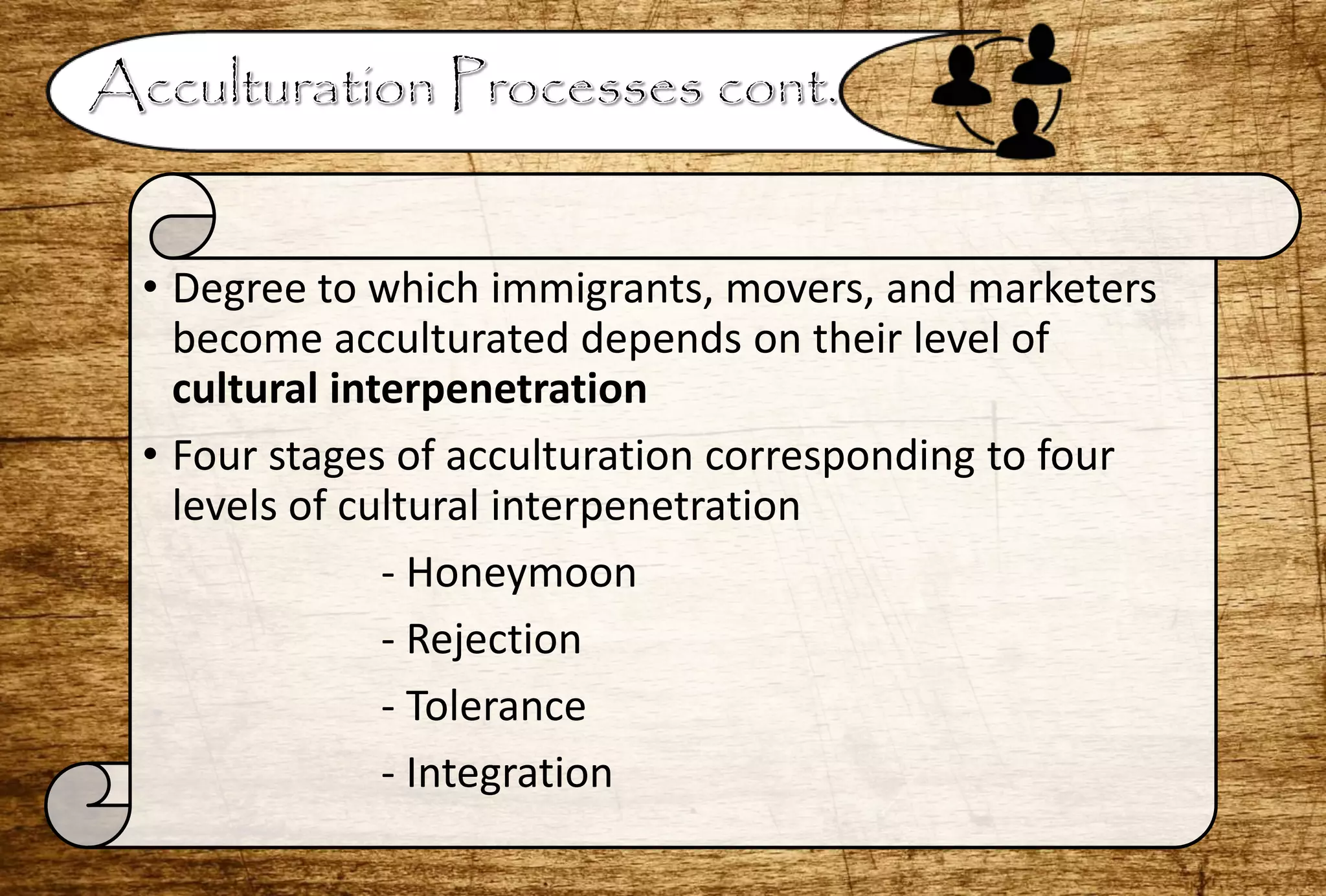 • Degree to which immigrants, movers, and marketers
become acculturated depends on their level of
cultural interpenetration
• Four stages of acculturation corresponding to four
levels of cultural interpenetration
- Honeymoon
- Rejection
- Tolerance
- Integration
 