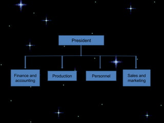 Functional Company Organization


                       President




Finance and   Production           Personnel   Sales and
 accounting                                    marketing
 