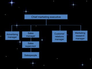 Functional Marketing Organization

                    Chief marketing executive




                Sales                  Customer    Marketing
Advertising
               manager                 relations   research
 manager
                                       manager     manager

                Sales
              supervisor



              Salespeople
 