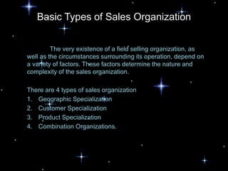 Basic Types of Sales Organization


         The very existence of a field selling organization, as
well as the circumstances surrounding its operation, depend on
a variety of factors. These factors determine the nature and
complexity of the sales organization.

There are 4 types of sales organization
1. Geographic Specialization
2. Customer Specialization
3. Product Specialization
4. Combination Organizations.
 