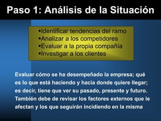 Paso 1: Análisis de la Situación
Identificar tendencias del ramo
Analizar a los competidores
Evaluar a la propia compañía
Investigar a los clientes
Evaluar cómo se ha desempeñado la empresa; qué
es lo que está haciendo y hacia donde quiere llegar;
es decir, tiene que ver su pasado, presente y futuro.
También debe de revisar los factores externos que le
afectan y los que seguirán incidiendo en la misma
 
