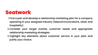 Seatwork
Find a pair and develop a relationship marketing plan for a company
operating in your assigned industry (telecommunications, retail, and
hospitality)
1.
Consider your target market, customer needs and appropriate
relationship marketing strategies
2.
Highlight key elements about customer service in your plan and
justify your choice.
3.
 