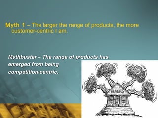 39
Myth 1 – The larger the range of products, the more
customer-centric I am.
Mythbuster – The range of products hasMythbuster – The range of products has
emerged from beingemerged from being
competition-centric.competition-centric.
 