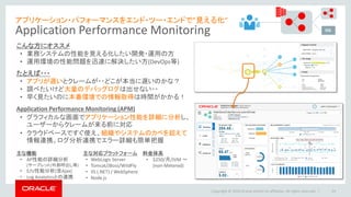 アプリケーション・パフォーマンスをエンド・ツー・エンドで”見える化”
Application Performance Monitoring
たとえば・・・
• アプリが遅いとクレームが・・どこが本当に遅いのかな？
• 調べたいけど大量のデバッグログは出せない・・
• 早く見たいのに本番環境での情報取得は時間がかかる！
Application Performance Monitoring (APM)
• グラフィカルな画面でアプリケーション性能を詳細に分析し、
ユーザーからクレームが来る前に対応
• クラウドベースですぐ使え、組織やシステムのカベを超えて
情報連携。ログ分析連携でエラー詳細も簡単把握
主な機能
• AP性能の詳細分析
(サーブレット/外部呼出し等)
• E/U性能分析(含Ajax)
• Log Analyticsとの連携
こんな方にオススメ
• 業務システムの性能を見える化したい開発・運用の方
• 運用環境の性能問題を迅速に解決したい方(DevOps等)
主な対応プラットフォーム
• WebLogic Server
• Tomcat/JBoss/WildFly
• IIS (.NET) / WebSphere
• Node.js
料金体系
• $250/月/JVM ～
(non-Metered)
24Copyright © 2016 Oracle and/or its affiliates. All rights reserved. |
 