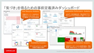 「気づき」を得るための事前定義済みダッシュボード
Copyright © 2016 Oracle and/or its affiliates. All rights reserved. | 29
Host Resource Analytics
多数のサーバー・VMの中か
ら使われていないもの、リソー
スが逼迫しているものを発見
Availability Analytics
ダウンタイムやイベントに関す
る傾向や統計を提示
Application Performance Analytics
APMデータを長期分析。「実は特定ブラウ
ザからのアクセスがほかより遅かった」など
Database Performance Analytics
多数のデータベースから知見を抽出。「最も
急速に性能が劣化しているSQL文は？」など
 