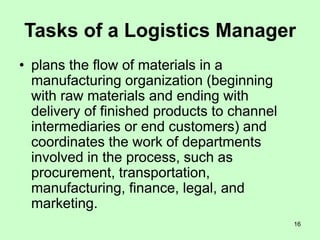 16
Tasks of a Logistics Manager
• plans the flow of materials in a
manufacturing organization (beginning
with raw materials and ending with
delivery of finished products to channel
intermediaries or end customers) and
coordinates the work of departments
involved in the process, such as
procurement, transportation,
manufacturing, finance, legal, and
marketing.
 