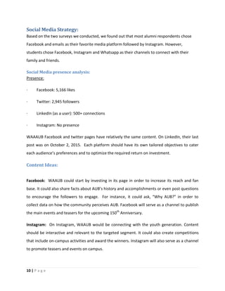 10 | P a g e
Social Media Strategy:
Based on the two surveys we conducted, we found out that most alumni respondents chose
Facebook and emails as their favorite media platform followed by Instagram. However,
students chose Facebook, Instagram and Whatsapp as their channels to connect with their
family and friends.
Social Media presence analysis:
Presence:
· Facebook: 5,166 likes
· Twitter: 2,945 followers
· LinkedIn (as a user): 500+ connections
· Instagram: No presence
WAAAUB Facebook and twitter pages have relatively the same content. On LinkedIn, their last
post was on October 2, 2015. Each platform should have its own tailored objectives to cater
each audience’s preferences and to optimize the required return on investment.
Content Ideas:
Facebook: WAAUB could start by investing in its page in order to increase its reach and fan
base. It could also share facts about AUB’s history and accomplishments or even post questions
to encourage the followers to engage. For instance, it could ask, “Why AUB?” in order to
collect data on how the community perceives AUB. Facebook will serve as a channel to publish
the main events and teasers for the upcoming 150th
Anniversary.
Instagram: On Instagram, WAAUB would be connecting with the youth generation. Content
should be interactive and relevant to the targeted segment. It could also create competitions
that include on-campus activities and award the winners. Instagram will also serve as a channel
to promote teasers and events on campus.
 