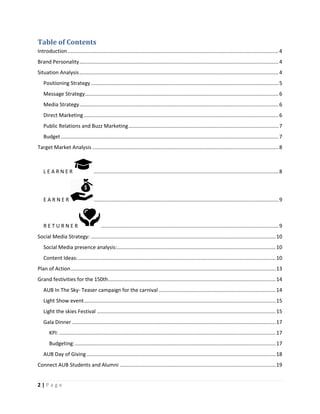 2 | P a g e
Table of Contents
Introduction ..................................................................................................................................................4
Brand Personality..........................................................................................................................................4
Situation Analysis..........................................................................................................................................4
Positioning Strategy..................................................................................................................................5
Message Strategy......................................................................................................................................6
Media Strategy..........................................................................................................................................6
Direct Marketing.......................................................................................................................................6
Public Relations and Buzz Marketing........................................................................................................7
Budget.......................................................................................................................................................7
Target Market Analysis .................................................................................................................................8
L E A R N E R ................................................................................................................................8
E A R N E R ................................................................................................................................9
R E T U R N E R ...........................................................................................................................9
Social Media Strategy: ................................................................................................................................10
Social Media presence analysis:..............................................................................................................10
Content Ideas:.........................................................................................................................................10
Plan of Action..............................................................................................................................................13
Grand festivities for the 150th....................................................................................................................14
AUB In The Sky- Teaser campaign for the carnival .................................................................................14
Light Show event.....................................................................................................................................15
Light the skies Festival ............................................................................................................................15
Gala Dinner .............................................................................................................................................17
KPI: ......................................................................................................................................................17
Budgeting:...........................................................................................................................................17
AUB Day of Giving...................................................................................................................................18
Connect AUB Students and Alumni ............................................................................................................19
 