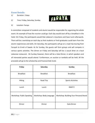 22 | P a g e
Event Details:
1/ Duration: 3 days
2/ Time: Friday, Saturday, Sunday
3/ Location: Faraya
A committee composed of students and alumni would be responsible for organizing the whole
event. An example of how the reunion could go: Each day would start off by a breakfast in the
hotel. On Friday, the participants would hike Lebanon’s mountains and have lunch afterwards.
There will be a workshop on each day so that students or fresh graduates could learn from the
alumni experiences and skills. On Saturday, the participants will go on a road trip touring from
Farayah to Erneh el Sawda. As for Sunday, the guests will form groups and will compete in
various sports activities. The dinner on Friday and Saturday will be a casual diner at a local
Lebanese restaurant. On Sunday however, there will be a Gala Dinner, in which speakers and
all interested parties would attend. Furthermore, an auction or tombola will be held. All the
proceeds will go to the scholarship and Financial Aids funds
Friday Saturday Sunday
Breakfast Breakfast Breakfast
Hiking Road Trip Sports Activities
Lunch Lunch RIKKY’Z
Workshop: Public Speaking Workshop: Body Language Workshop: Building Your Personal Brand
Dinner Dinner Gala Dinner
 