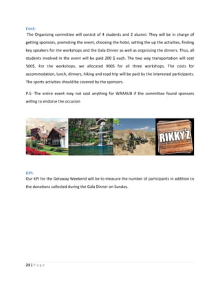 23 | P a g e
Cost:
The Organizing committee will consist of 4 students and 2 alumni. They will be in charge of
getting sponsors, promoting the event, choosing the hotel, setting the up the activities, finding
key speakers for the workshops and the Gala Dinner as well as organizing the dinners. Thus, all
students involved in the event will be paid 200 $ each. The two way transportation will cost
500$. For the workshops, we allocated 900$ for all three workshops. The costs for
accommodation, lunch, dinners, hiking and road trip will be paid by the interested participants.
The sports activities should be covered by the sponsors.
P.S- The entire event may not cost anything for WAAAUB if the committee found sponsors
willing to endorse the occasion
KPI:
Our KPI for the Getaway Weekend will be to measure the number of participants in addition to
the donations collected during the Gala Dinner on Sunday.
 