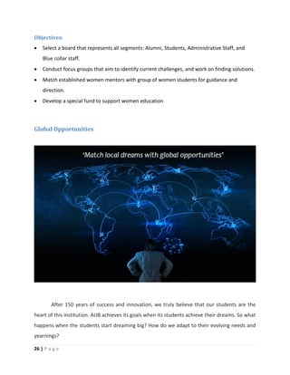 26 | P a g e
Objectives:
 Select a board that represents all segments: Alumni, Students, Administrative Staff, and
Blue collar staff.
 Conduct focus groups that aim to identify current challenges, and work on finding solutions.
 Match established women mentors with group of women students for guidance and
direction.
 Develop a special fund to support women education
Global Opportunities
After 150 years of success and innovation, we truly believe that our students are the
heart of this institution. AUB achieves its goals when its students achieve their dreams. So what
happens when the students start dreaming big? How do we adapt to their evolving needs and
yearnings?
 