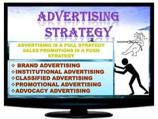 ADVERTISING IS A PULL STRATEGY
SALES PROMOTIONS IS A PUSH
STRATEGY

 BRAND ADVERTISING
INSTITUTIONAL ADVERTISING
CLASSIFIED ADVERTISING
PROMOTIONAL ADVERTISING
ADVOCACY ADVERTISING

 