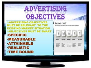 ADVERTISING OBJECTIVES
MUST BE RELEVANT TO THE
EXISTING MARKET SITUATION
OBJECTIVES MUST BE SMART

•SPECIFIC
•MEASURABLE
•ATTAINABLE
•REALISTIC
•TIME BOUND

 