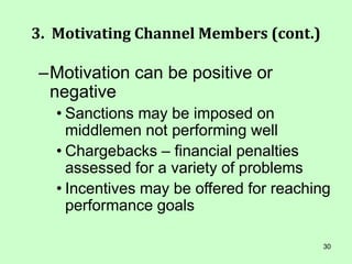 30
3. Motivating Channel Members (cont.)
–Motivation can be positive or
negative
• Sanctions may be imposed on
middlemen not performing well
• Chargebacks – financial penalties
assessed for a variety of problems
• Incentives may be offered for reaching
performance goals
 