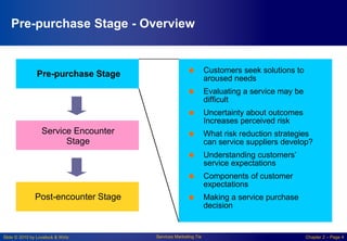 Slide © 2010 by Lovelock & Wirtz Services Marketing 7/e Chapter 2 – Page 4
Pre-purchase Stage - Overview
 Customers seek solutions to
aroused needs
 Evaluating a service may be
difficult
 Uncertainty about outcomes
Increases perceived risk
 What risk reduction strategies
can service suppliers develop?
 Understanding customers’
service expectations
 Components of customer
expectations
 Making a service purchase
decision
Pre-purchase Stage
Service Encounter
Stage
Post-encounter Stage
 