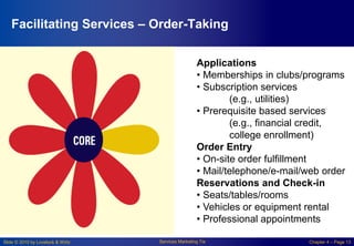 Slide © 2010 by Lovelock & Wirtz Services Marketing 7/e Chapter 4 – Page 13
Facilitating Services – Order-Taking
Applications
• Memberships in clubs/programs
• Subscription services
(e.g., utilities)
• Prerequisite based services
(e.g., financial credit,
college enrollment)
Order Entry
• On-site order fulfillment
• Mail/telephone/e-mail/web order
Reservations and Check-in
• Seats/tables/rooms
• Vehicles or equipment rental
• Professional appointments
 