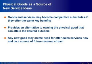 Slide © 2010 by Lovelock & Wirtz Services Marketing 7/e Chapter 4 – Page 32
Physical Goods as a Source of
New Service Ideas
 Goods and services may become competitive substitutes if
they offer the same key benefits
 Provides an alternative to owning the physical good that
can attain the desired outcome
 Any new good may create need for after-sales services now
and be a source of future revenue stream
 