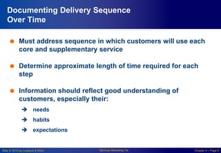 Slide © 2010 by Lovelock & Wirtz Services Marketing 7/e Chapter 4 – Page 6
Documenting Delivery Sequence
Over Time
 Must address sequence in which customers will use each
core and supplementary service
 Determine approximate length of time required for each
step
 Information should reflect good understanding of
customers, especially their:
 needs
 habits
 expectations
 