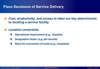 Slide © 2010 by Lovelock & Wirtz Services Marketing 7/e Chapter 5 – Page 14
Place Decisions of Service Delivery
 Cost, productivity, and access to labor are key determinants
to locating a service facility
 Location constraints
 Operational requirement (e.g., airports)
 Geographic factor (e.g.,ski resorts)
 Need for economies of scale (e.g., hospitals)
 
