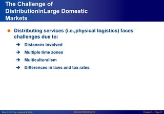 Slide © 2010 by Lovelock & Wirtz Services Marketing 7/e Chapter 5 – Page 27
The Challenge of
DistributioninLarge Domestic
Markets
 Distributing services (i.e.,physical logistics) faces
challenges due to:
 Distances involved
 Multiple time zones
 Multiculturalism
 Differences in laws and tax rates
 